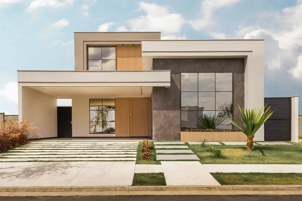 grandes fenetres aluminium a croisillons et porte d entree bois sur facade contemporaine