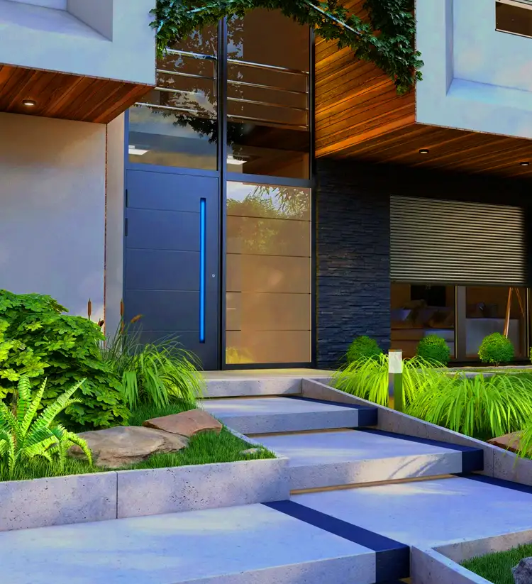 porte d entree aluminium design avec eclairage led et volet roulant sur facade pierre