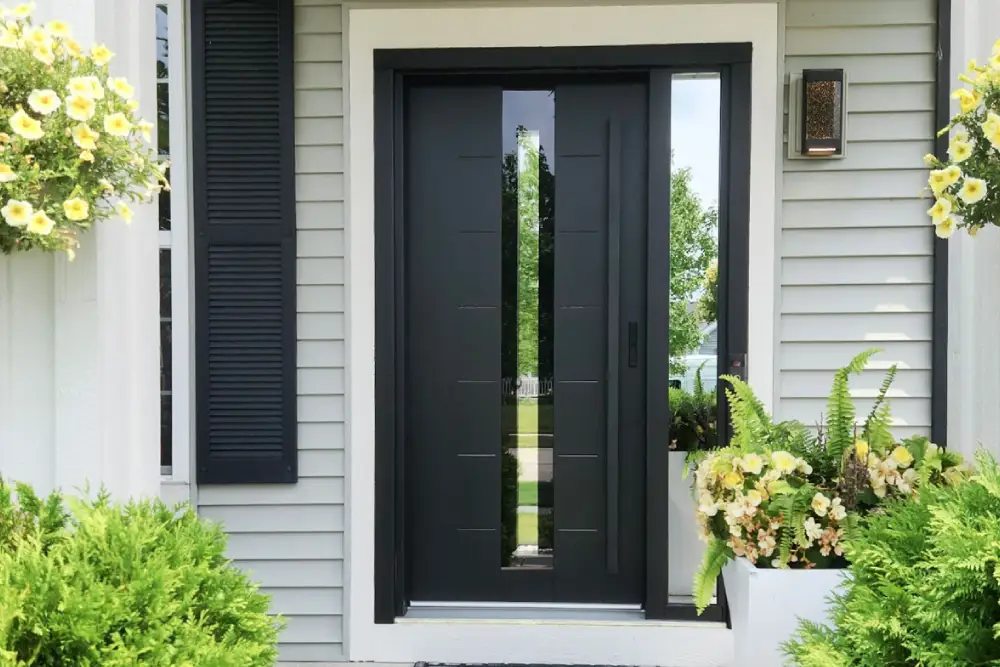 porte d entree noire avec vitrage vertical et panneau lateral vitre facade claire