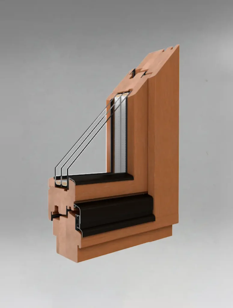 coupe de chassis en bois avec triple vitrage