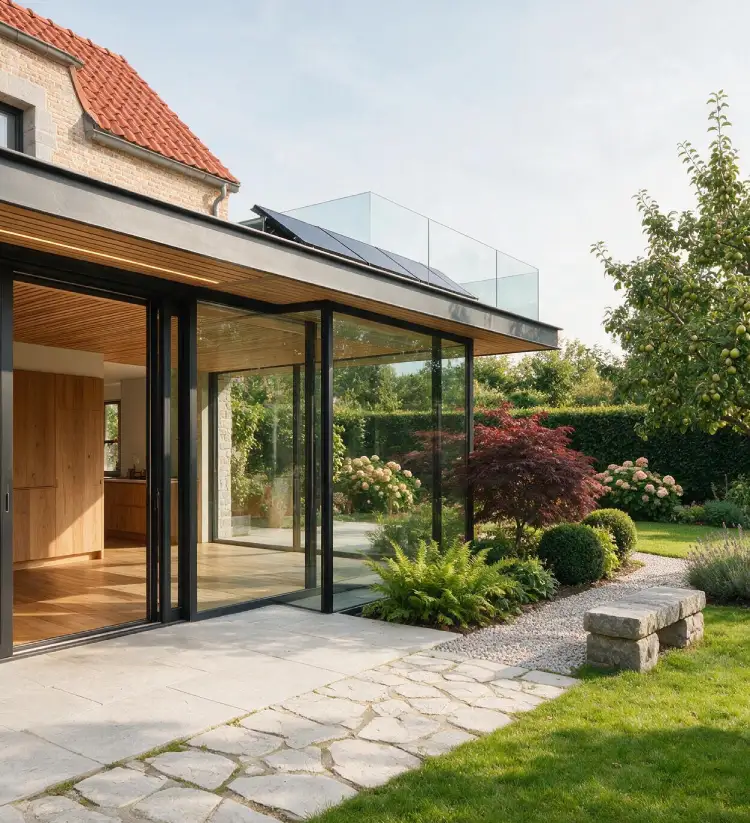 extension vitree avec panneaux solaires et chassis aluminium chassidor