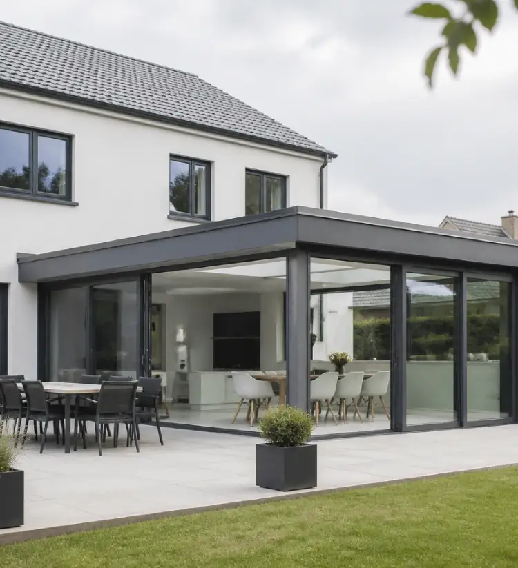 extension vitree avec toiture plate et chassis aluminium chassidor