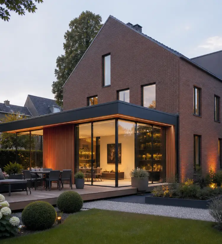 extension vitree moderne adossee a une maison en briques chassidor