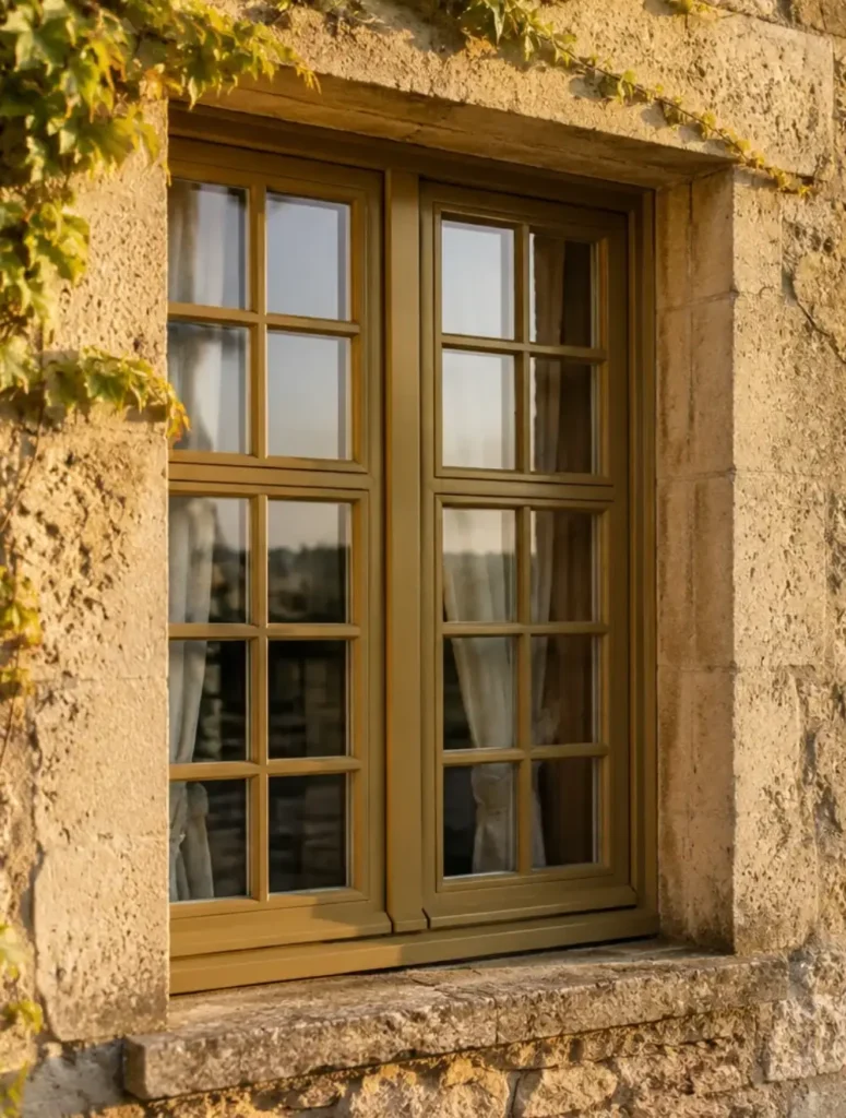 fenetre en bois avec petits carreaux dans mur en pierre