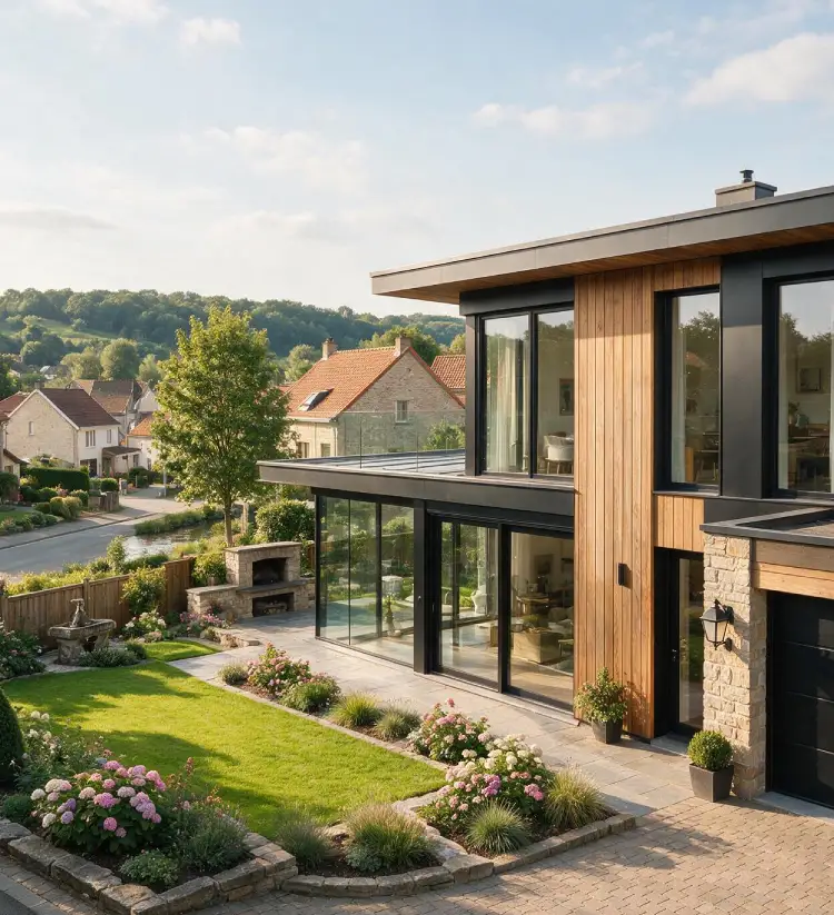 maison moderne avec chassis noirs et facade en bois chassidor