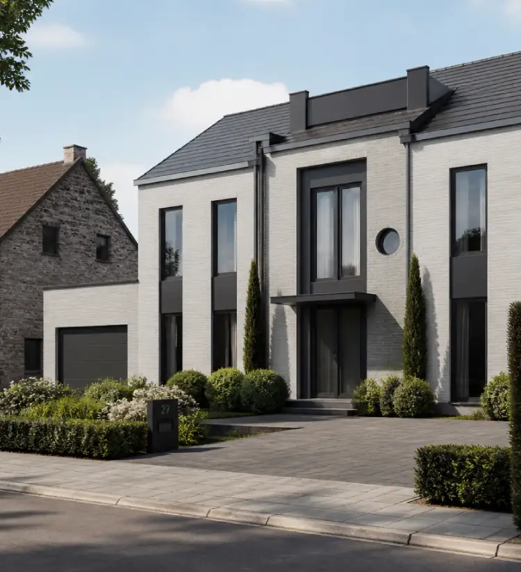maison moderne avec chassis verticaux noirs et porte entree chassidor