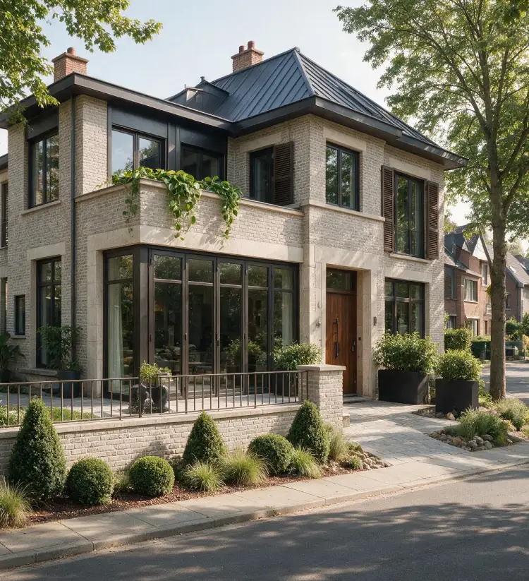 maison renovee avec chassis noirs et porte entree en bois chassidor