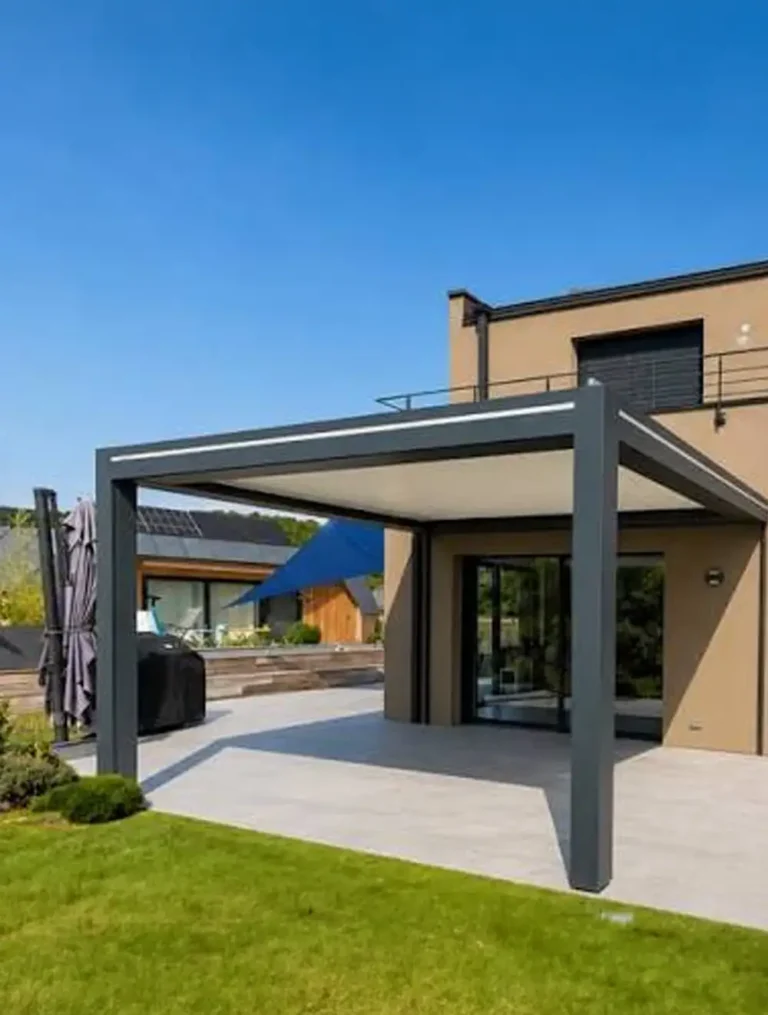 pergola aluminium anthracite adossee maison eclairage led chassidor namur