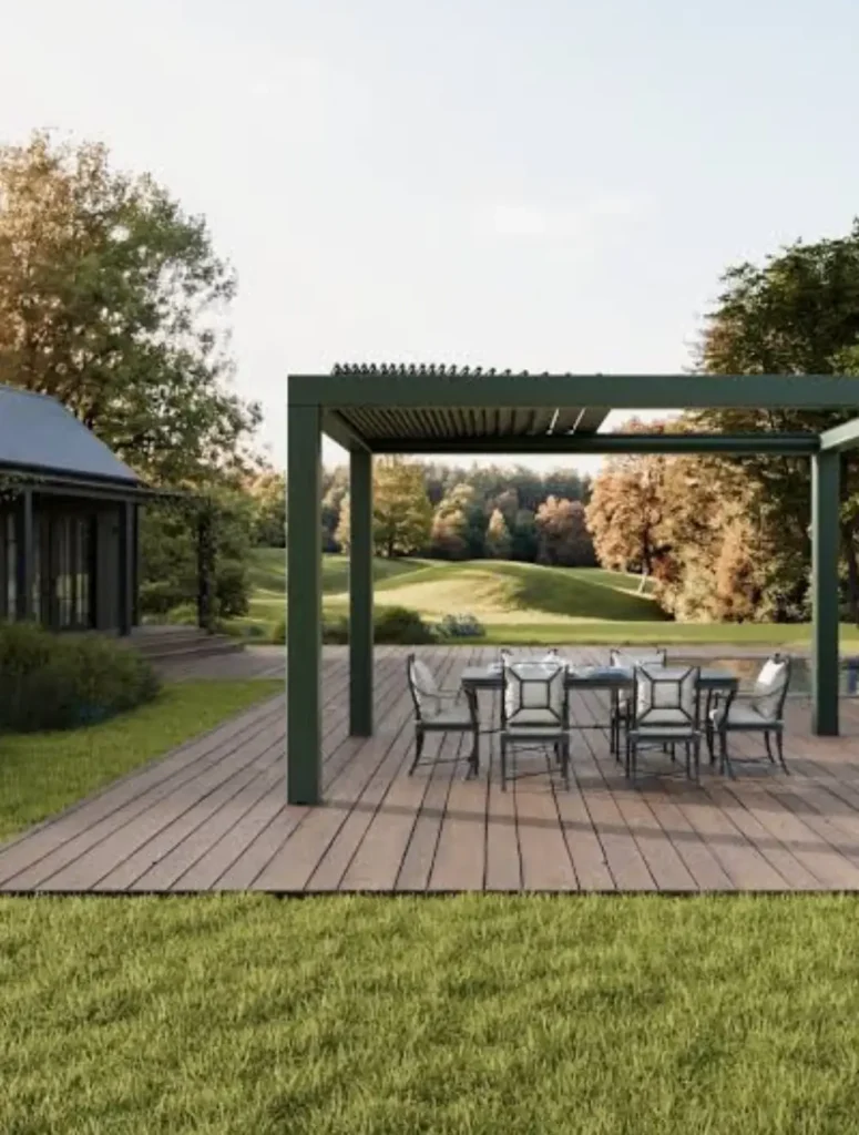 pergola bioclimatique autoportante sur terrasse en bois