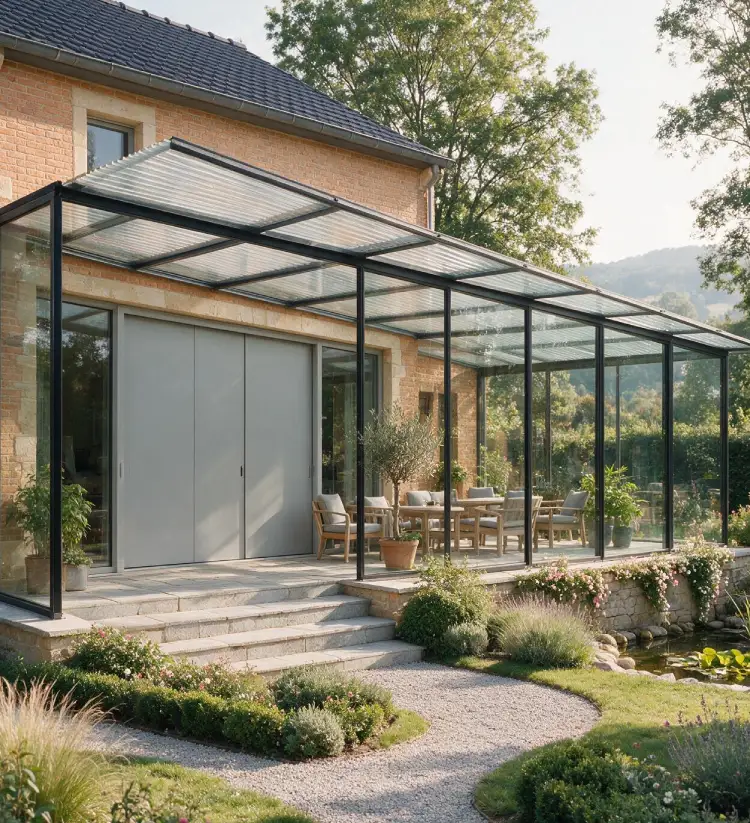 pergola vitree en aluminium adossee a une maison chassidor