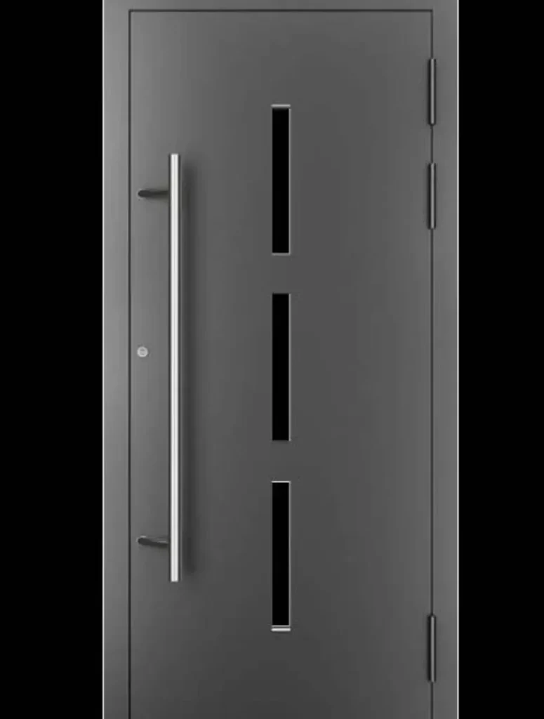 porte entree grise avec trois vitrages verticaux