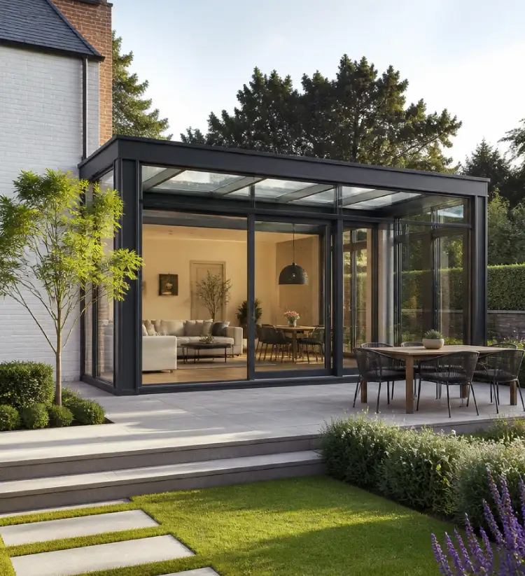 veranda moderne en aluminium avec toiture vitree chassidor
